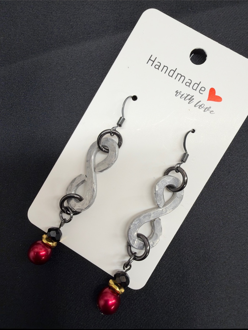 Handmade Hammered Aluminum Silver Infinity Drop Earrings with Red Pearl Accent